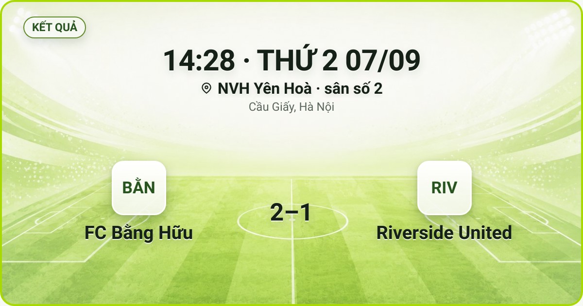 KẾT QUẢ. 14:28 · THỨ 2 07/09. NVH Yên Hoà · sân số 2 · Cầu Giấy, Hà Nội. FC Bằng Hữu 2–1 Riverside United. Quân số 0/7 và 0/7.