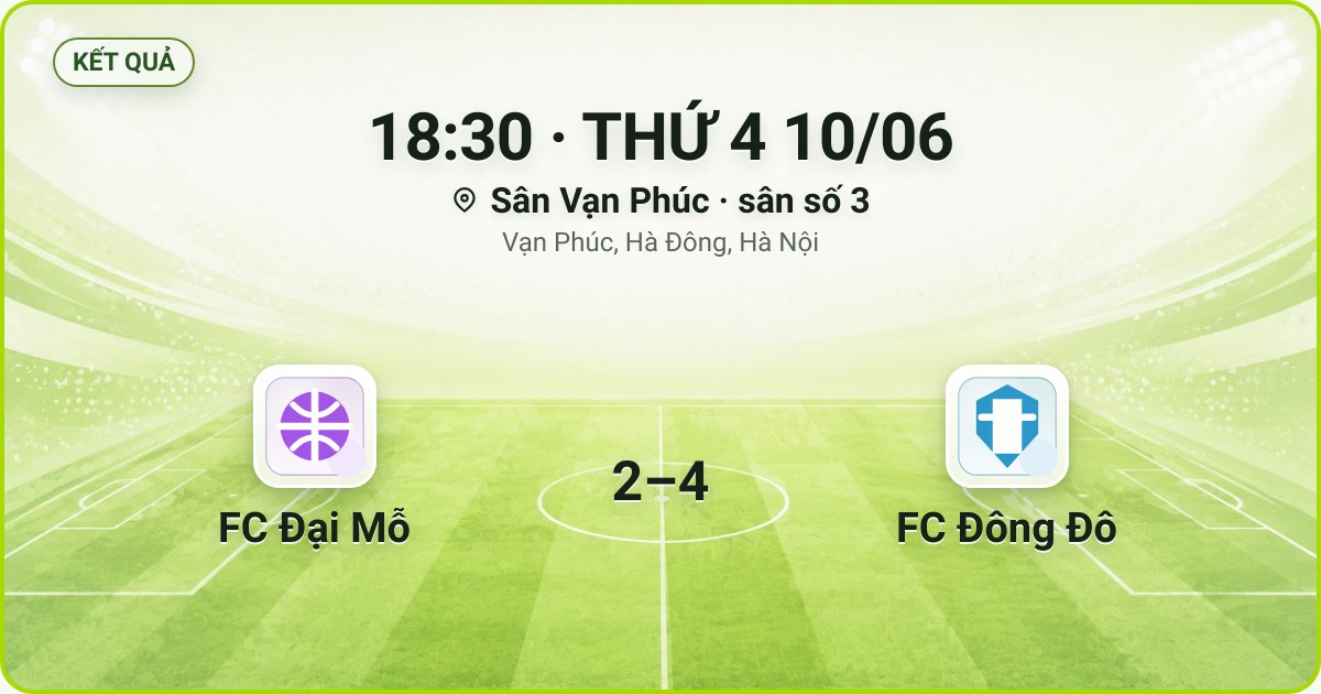 KẾT QUẢ. 18:30 · THỨ 4 10/06. Sân Vạn Phúc · sân số 3 · Vạn Phúc, Hà Đông, Hà Nội. FC Đại Mỗ 2–4 FC Đông Đô. Quân số 0/7 và 0/7.