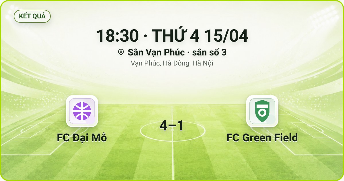 KẾT QUẢ. 18:30 · THỨ 4 15/04. Sân Vạn Phúc · sân số 3 · Vạn Phúc, Hà Đông, Hà Nội. FC Đại Mỗ 4–1 FC Green Field. Quân số 0/7 và 0/7.