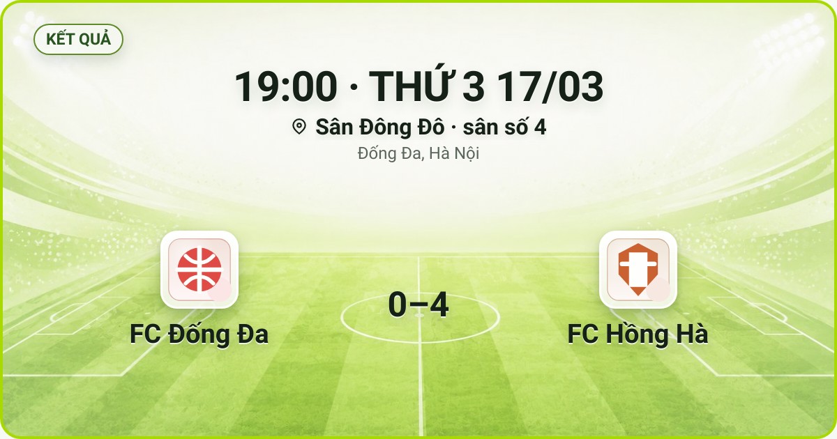 KẾT QUẢ. 19:00 · THỨ 3 17/03. Sân Đông Đô · sân số 4 · Đống Đa, Hà Nội. FC Đống Đa 0–4 FC Hồng Hà. Quân số 0/7 và 0/7.