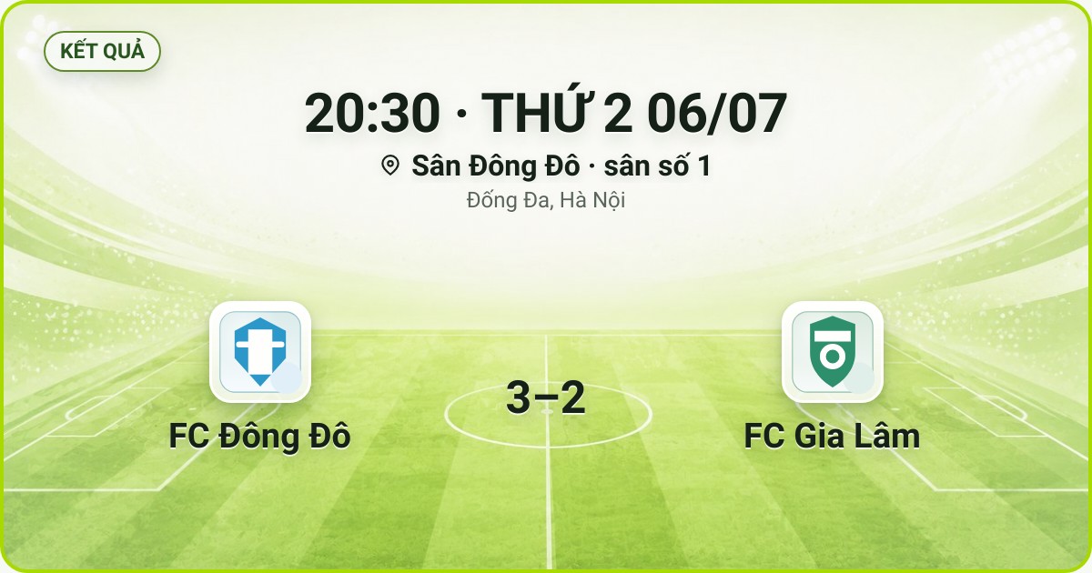 KẾT QUẢ. 20:30 · THỨ 2 06/07. Sân Đông Đô · sân số 1 · Đống Đa, Hà Nội. FC Đông Đô 3–2 FC Gia Lâm. Quân số 0/7 và 0/7.