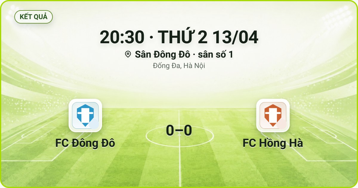KẾT QUẢ. 20:30 · THỨ 2 13/04. Sân Đông Đô · sân số 1 · Đống Đa, Hà Nội. FC Đông Đô 0–0 FC Hồng Hà. Quân số 0/7 và 0/7.