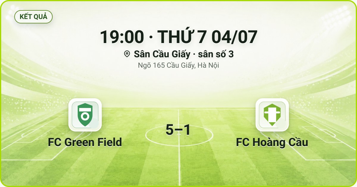 KẾT QUẢ. 19:00 · THỨ 7 04/07. Sân Cầu Giấy · sân số 3 · Ngõ 165 Cầu Giấy, Hà Nội. FC Green Field 5–1 FC Hoàng Cầu. Quân số 0/7 và 0/7.