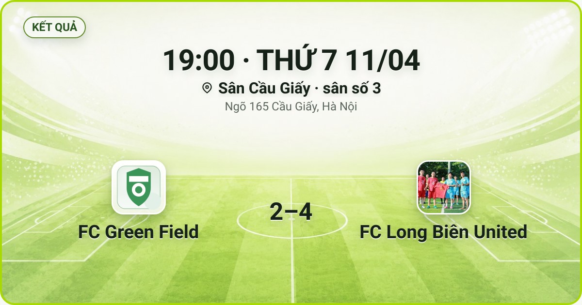 KẾT QUẢ. 19:00 · THỨ 7 11/04. Sân Cầu Giấy · sân số 3 · Ngõ 165 Cầu Giấy, Hà Nội. FC Green Field 2–4 FC Long Biên United. Quân số 0/7 và 0/7.