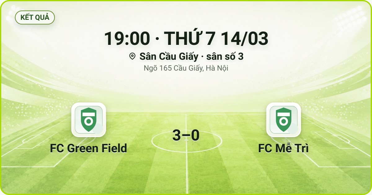 KẾT QUẢ. 19:00 · THỨ 7 14/03. Sân Cầu Giấy · sân số 3 · Ngõ 165 Cầu Giấy, Hà Nội. FC Green Field 3–0 FC Mễ Trì. Quân số 0/7 và 0/7.