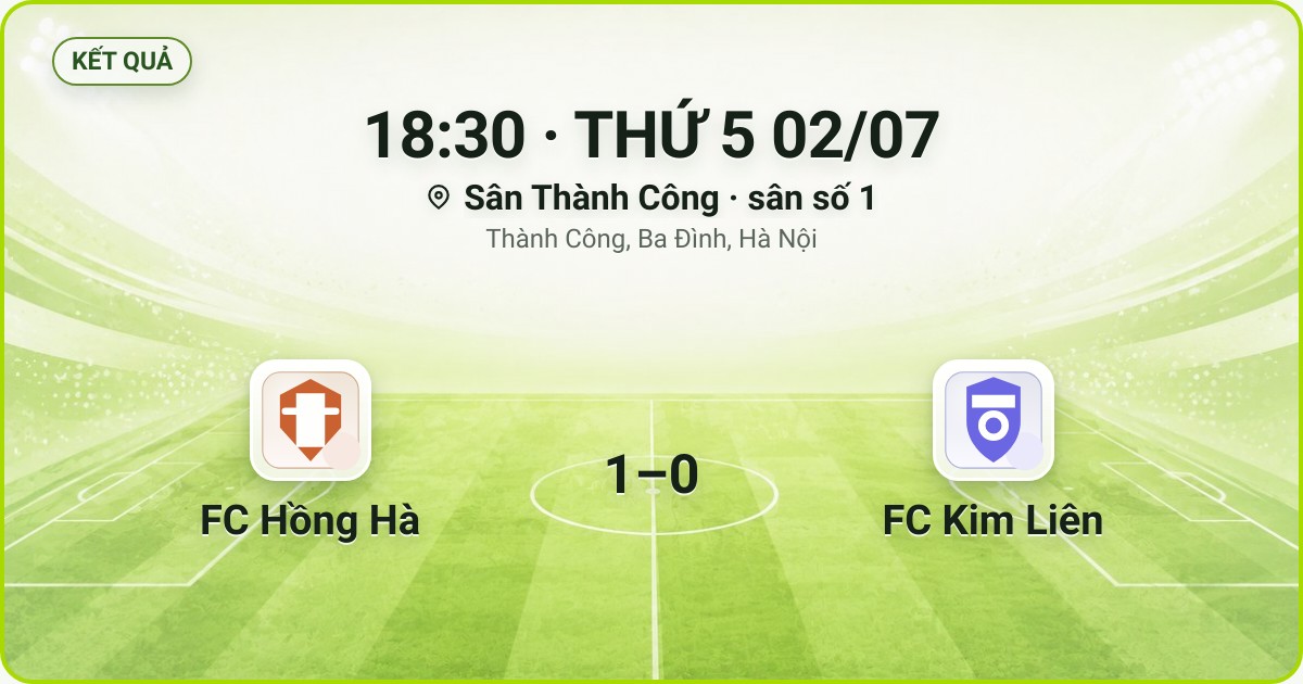 KẾT QUẢ. 18:30 · THỨ 5 02/07. Sân Thành Công · sân số 1 · Thành Công, Ba Đình, Hà Nội. FC Hồng Hà 1–0 FC Kim Liên. Quân số 0/7 và 0/7.
