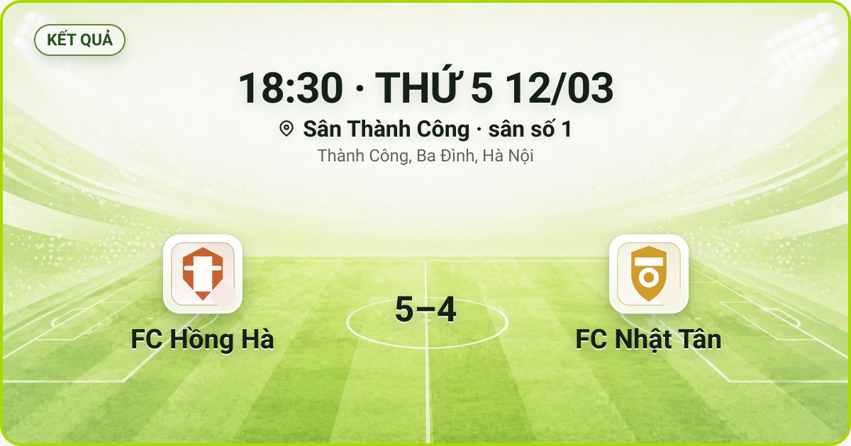 KẾT QUẢ. 18:30 · THỨ 5 12/03. Sân Thành Công · sân số 1 · Thành Công, Ba Đình, Hà Nội. FC Hồng Hà 5–4 FC Nhật Tân. Quân số 0/7 và 0/7.