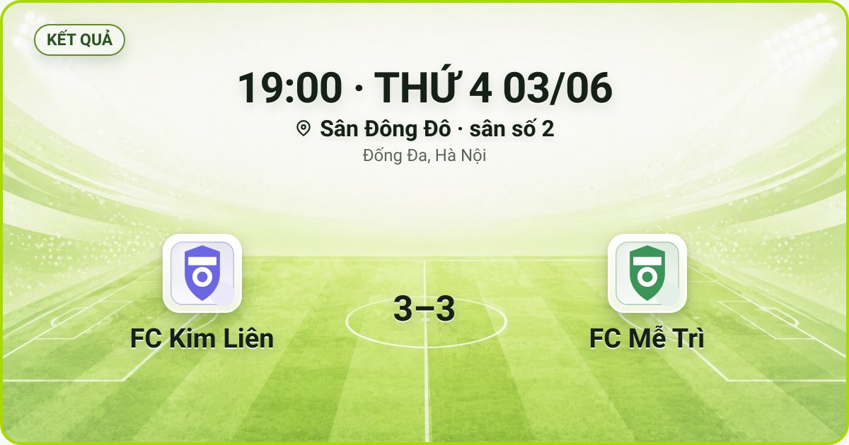 KẾT QUẢ. 19:00 · THỨ 4 03/06. Sân Đông Đô · sân số 2 · Đống Đa, Hà Nội. FC Kim Liên 3–3 FC Mễ Trì. Quân số 0/7 và 0/7.