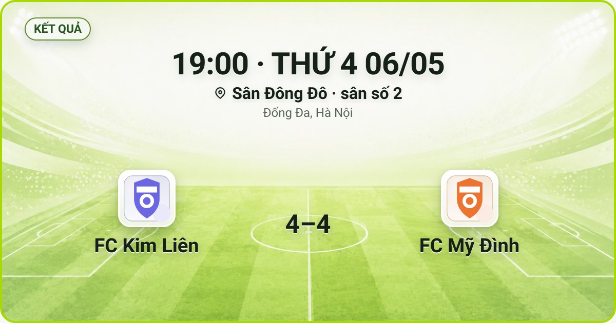 KẾT QUẢ. 19:00 · THỨ 4 06/05. Sân Đông Đô · sân số 2 · Đống Đa, Hà Nội. FC Kim Liên 4–4 FC Mỹ Đình. Quân số 0/7 và 0/7.