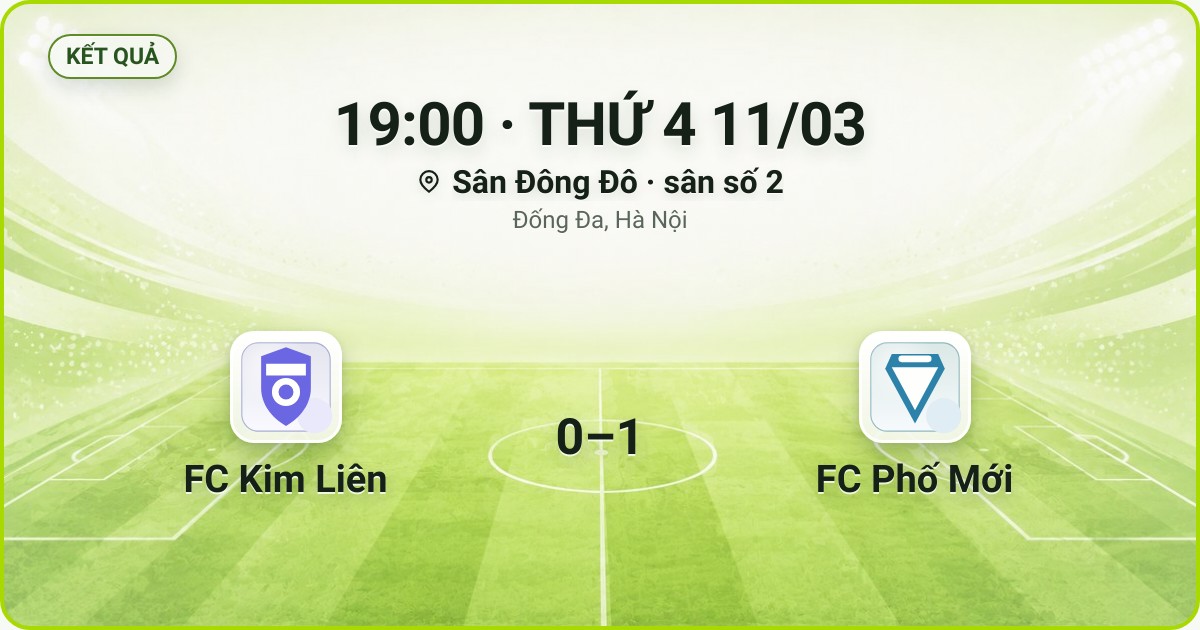 KẾT QUẢ. 19:00 · THỨ 4 11/03. Sân Đông Đô · sân số 2 · Đống Đa, Hà Nội. FC Kim Liên 0–1 FC Phố Mới. Quân số 0/7 và 0/7.