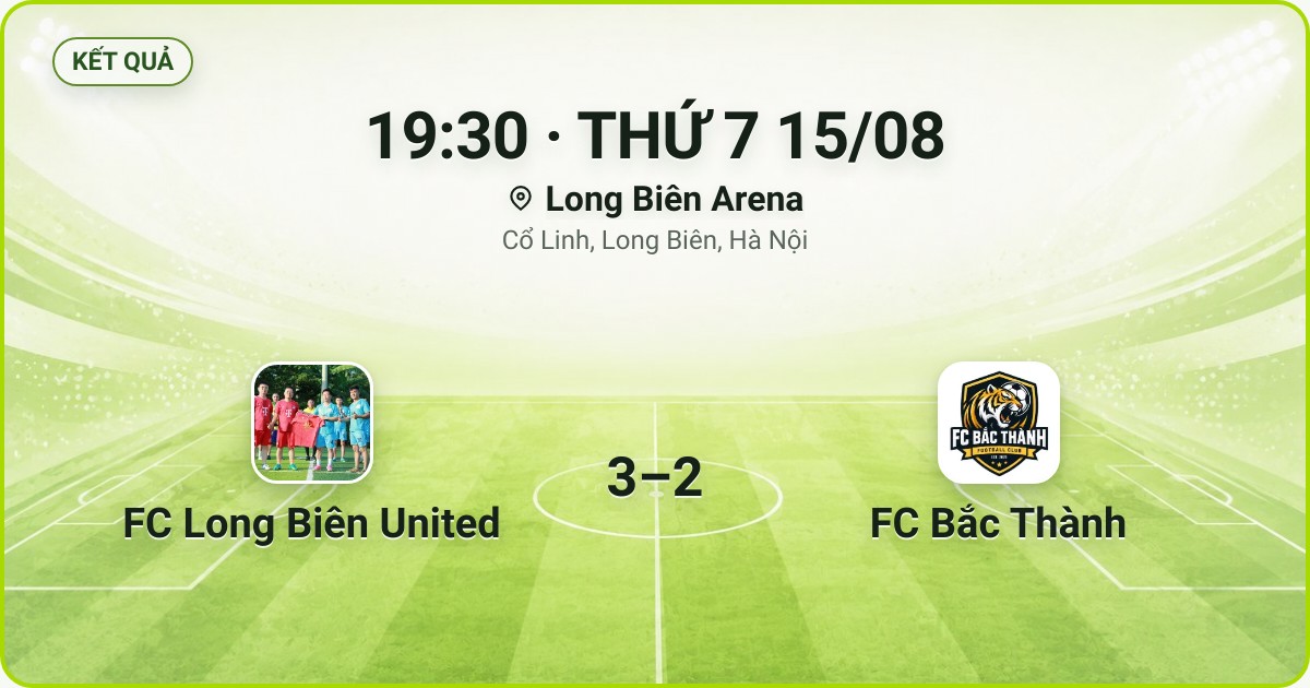 KẾT QUẢ. 19:30 · THỨ 7 15/08. Long Biên Arena · Cổ Linh, Long Biên, Hà Nội. FC Long Biên United 3–2 FC Bắc Thành. Quân số 0/7 và 0/7.