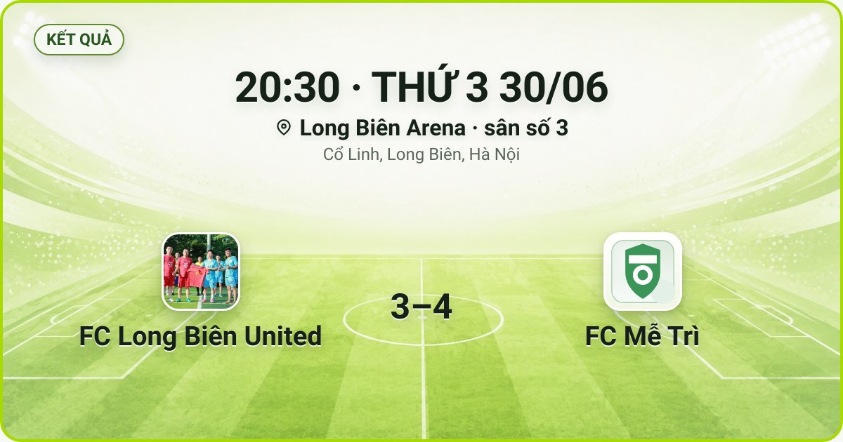 KẾT QUẢ. 20:30 · THỨ 3 30/06. Long Biên Arena · sân số 3 · Cổ Linh, Long Biên, Hà Nội. FC Long Biên United 3–4 FC Mễ Trì. Quân số 0/7 và 0/7.