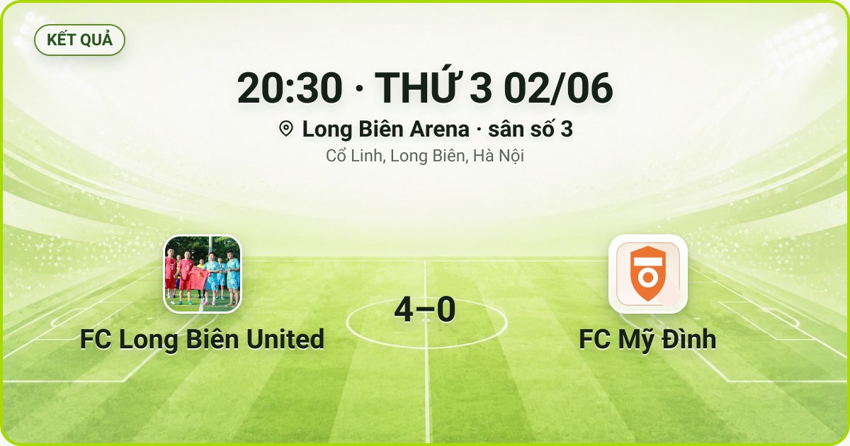 KẾT QUẢ. 20:30 · THỨ 3 02/06. Long Biên Arena · sân số 3 · Cổ Linh, Long Biên, Hà Nội. FC Long Biên United 4–0 FC Mỹ Đình. Quân số 0/7 và 0/7.