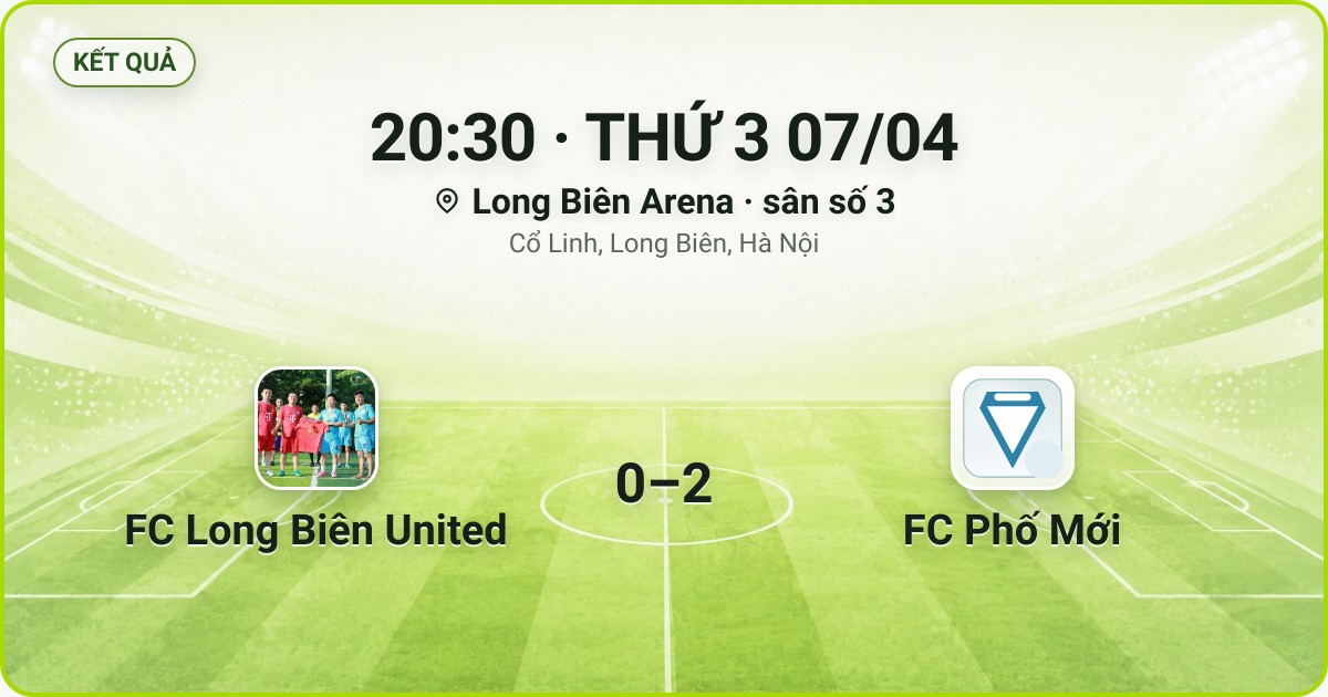 KẾT QUẢ. 20:30 · THỨ 3 07/04. Long Biên Arena · sân số 3 · Cổ Linh, Long Biên, Hà Nội. FC Long Biên United 0–2 FC Phố Mới. Quân số 0/7 và 0/7.