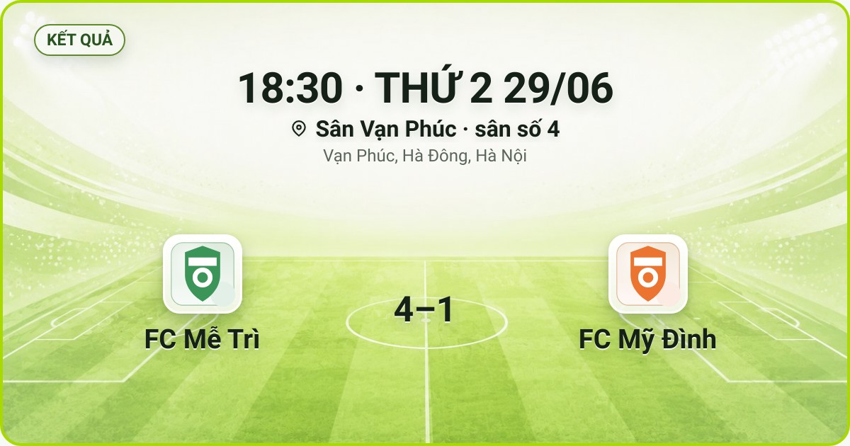KẾT QUẢ. 18:30 · THỨ 2 29/06. Sân Vạn Phúc · sân số 4 · Vạn Phúc, Hà Đông, Hà Nội. FC Mễ Trì 4–1 FC Mỹ Đình. Quân số 0/7 và 0/7.