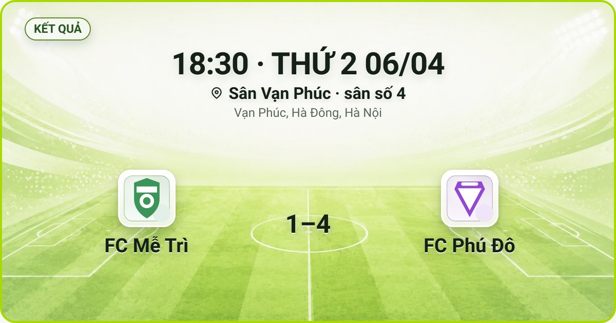 KẾT QUẢ. 18:30 · THỨ 2 06/04. Sân Vạn Phúc · sân số 4 · Vạn Phúc, Hà Đông, Hà Nội. FC Mễ Trì 1–4 FC Phú Đô. Quân số 0/7 và 0/7.