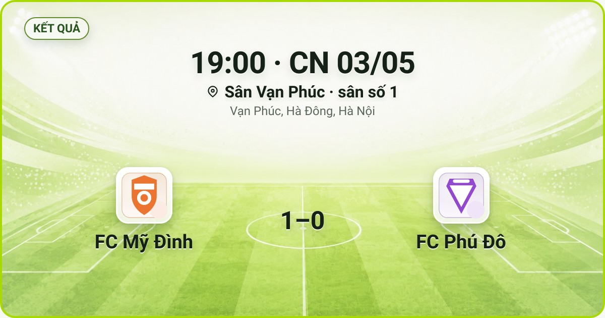 KẾT QUẢ. 19:00 · CN 03/05. Sân Vạn Phúc · sân số 1 · Vạn Phúc, Hà Đông, Hà Nội. FC Mỹ Đình 1–0 FC Phú Đô. Quân số 0/7 và 0/7.