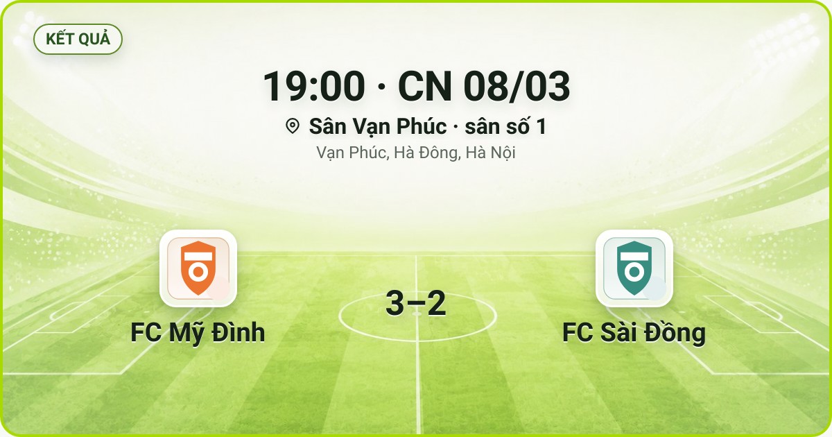 KẾT QUẢ. 19:00 · CN 08/03. Sân Vạn Phúc · sân số 1 · Vạn Phúc, Hà Đông, Hà Nội. FC Mỹ Đình 3–2 FC Sài Đồng. Quân số 0/7 và 0/7.