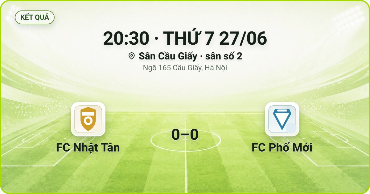 KẾT QUẢ. 20:30 · THỨ 7 27/06. Sân Cầu Giấy · sân số 2 · Ngõ 165 Cầu Giấy, Hà Nội. FC Nhật Tân 0–0 FC Phố Mới. Quân số 0/7 và 0/7.
