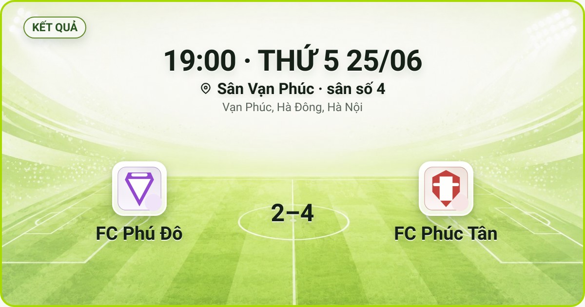 KẾT QUẢ. 19:00 · THỨ 5 25/06. Sân Vạn Phúc · sân số 4 · Vạn Phúc, Hà Đông, Hà Nội. FC Phú Đô 2–4 FC Phúc Tân. Quân số 0/7 và 0/7.