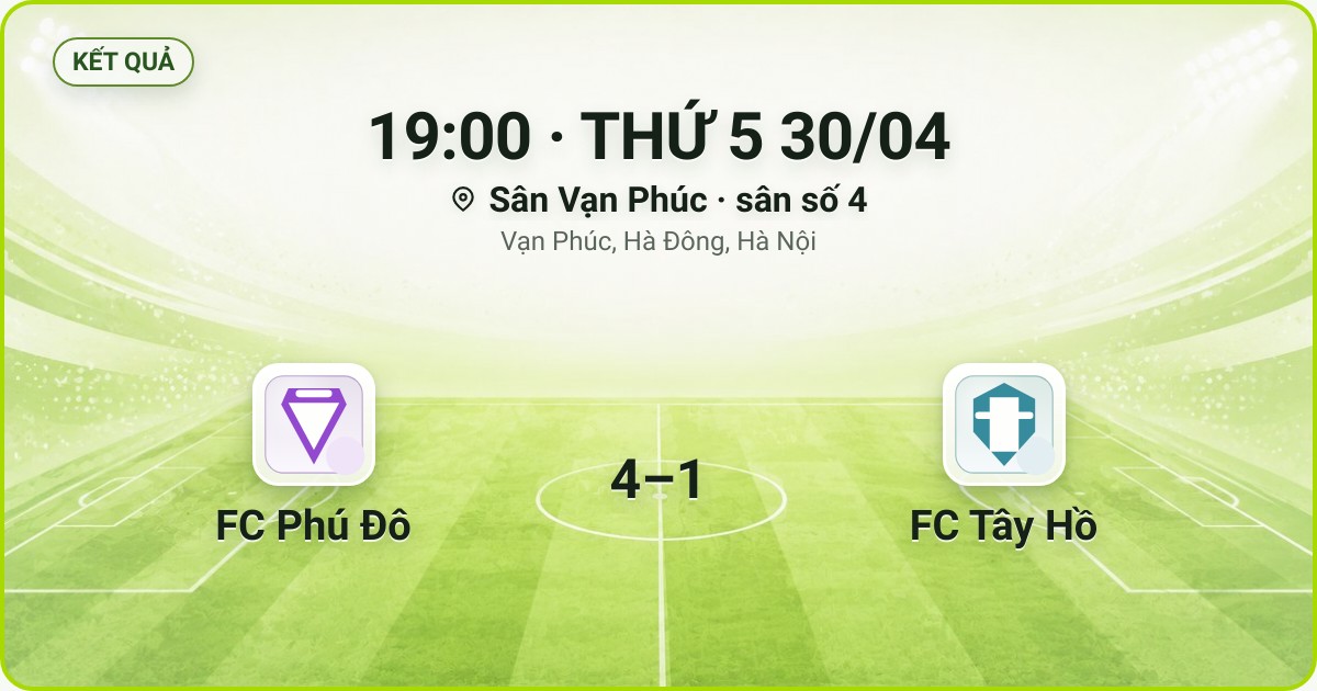 KẾT QUẢ. 19:00 · THỨ 5 30/04. Sân Vạn Phúc · sân số 4 · Vạn Phúc, Hà Đông, Hà Nội. FC Phú Đô 4–1 FC Tây Hồ. Quân số 0/7 và 0/7.