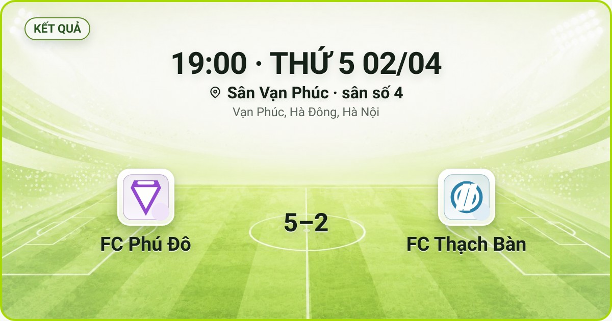 KẾT QUẢ. 19:00 · THỨ 5 02/04. Sân Vạn Phúc · sân số 4 · Vạn Phúc, Hà Đông, Hà Nội. FC Phú Đô 5–2 FC Thạch Bàn. Quân số 0/7 và 0/7.