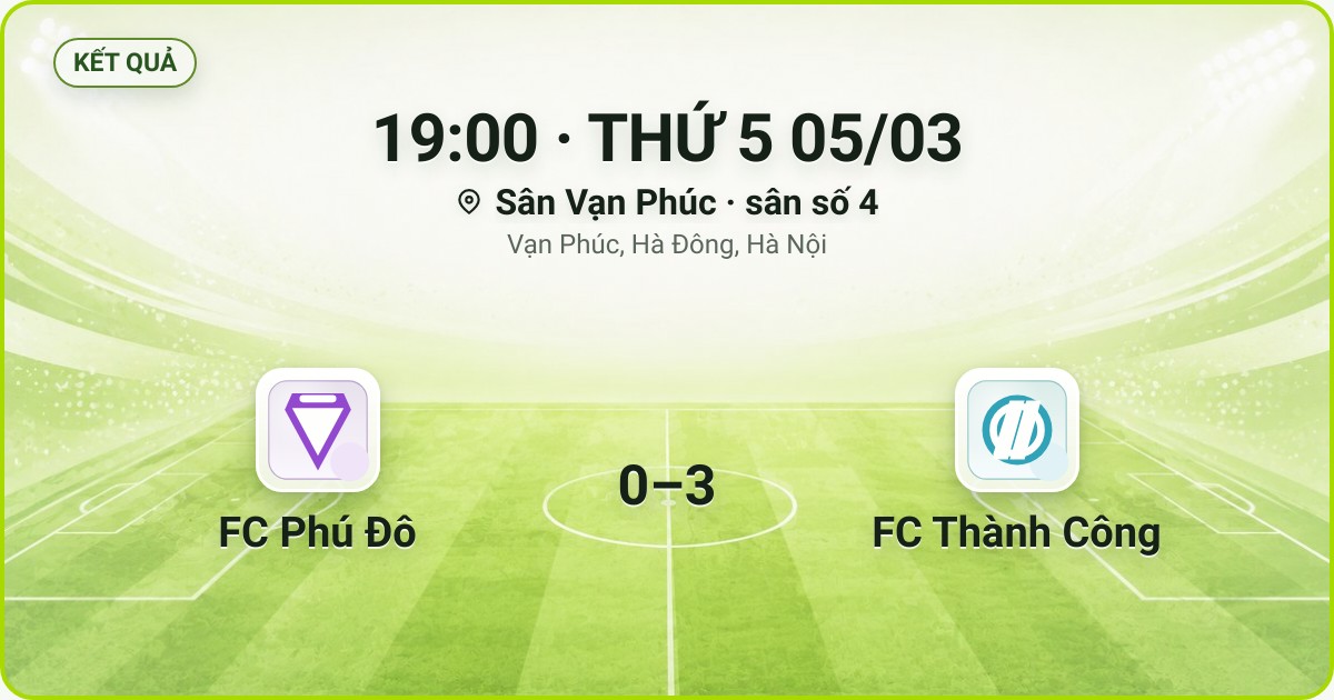 KẾT QUẢ. 19:00 · THỨ 5 05/03. Sân Vạn Phúc · sân số 4 · Vạn Phúc, Hà Đông, Hà Nội. FC Phú Đô 0–3 FC Thành Công. Quân số 0/7 và 0/7.