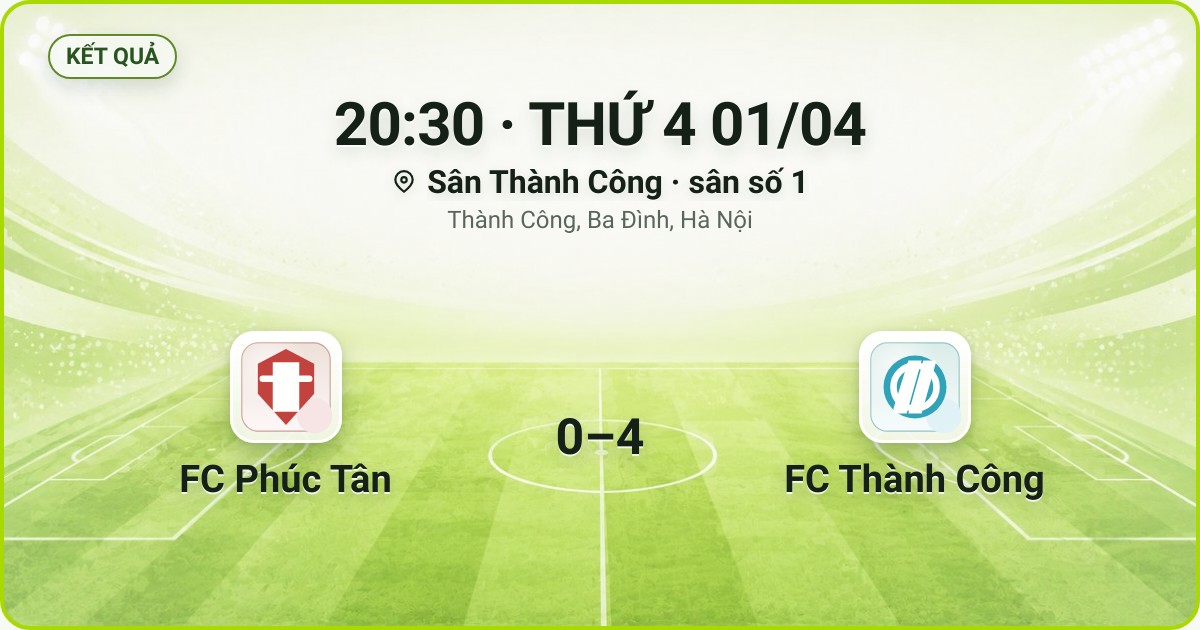 KẾT QUẢ. 20:30 · THỨ 4 01/04. Sân Thành Công · sân số 1 · Thành Công, Ba Đình, Hà Nội. FC Phúc Tân 0–4 FC Thành Công. Quân số 0/7 và 0/7.