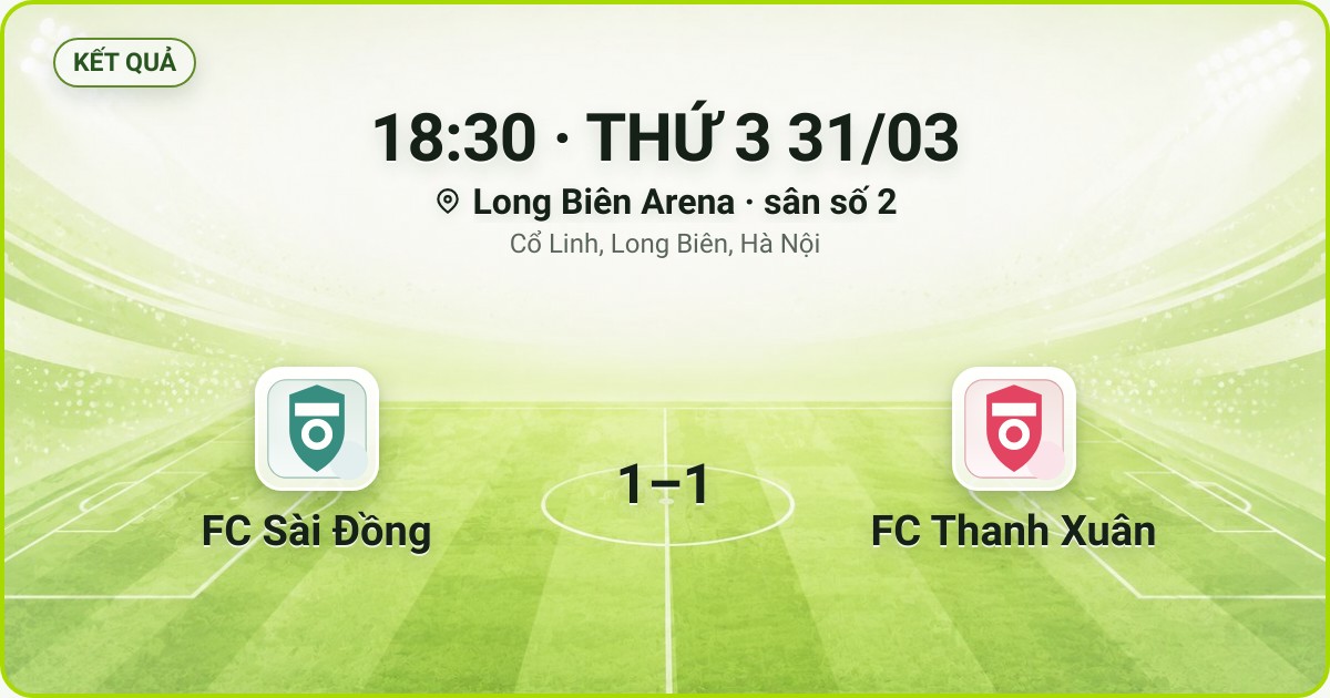 KẾT QUẢ. 18:30 · THỨ 3 31/03. Long Biên Arena · sân số 2 · Cổ Linh, Long Biên, Hà Nội. FC Sài Đồng 1–1 FC Thanh Xuân. Quân số 0/7 và 0/7.