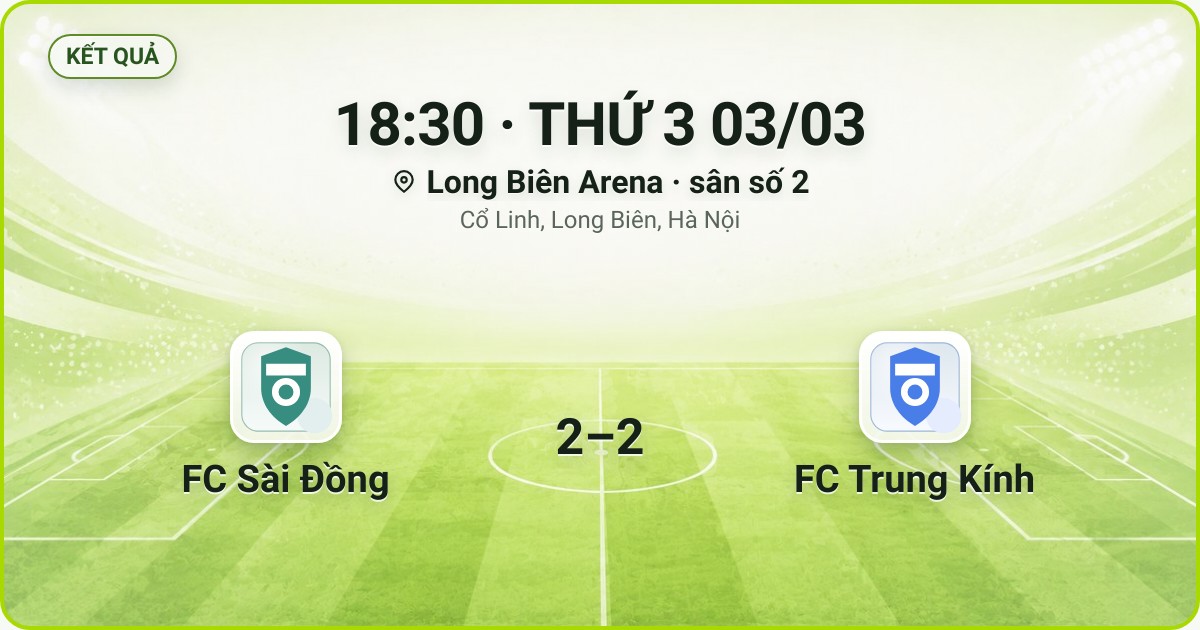 KẾT QUẢ. 18:30 · THỨ 3 03/03. Long Biên Arena · sân số 2 · Cổ Linh, Long Biên, Hà Nội. FC Sài Đồng 2–2 FC Trung Kính. Quân số 0/7 và 0/7.