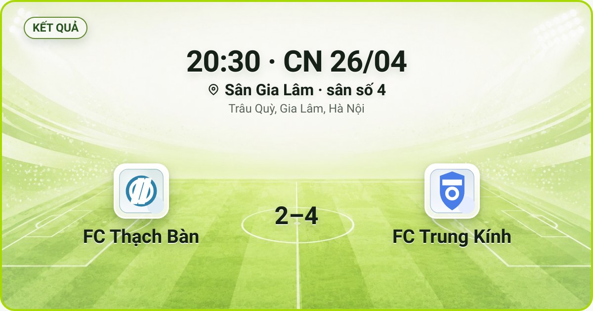 KẾT QUẢ. 20:30 · CN 26/04. Sân Gia Lâm · sân số 4 · Trâu Quỳ, Gia Lâm, Hà Nội. FC Thạch Bàn 2–4 FC Trung Kính. Quân số 0/7 và 0/7.