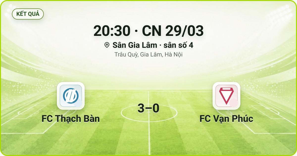 KẾT QUẢ. 20:30 · CN 29/03. Sân Gia Lâm · sân số 4 · Trâu Quỳ, Gia Lâm, Hà Nội. FC Thạch Bàn 3–0 FC Vạn Phúc. Quân số 0/7 và 0/7.