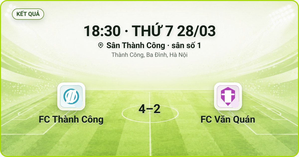 KẾT QUẢ. 18:30 · THỨ 7 28/03. Sân Thành Công · sân số 1 · Thành Công, Ba Đình, Hà Nội. FC Thành Công 4–2 FC Văn Quán. Quân số 0/7 và 0/7.
