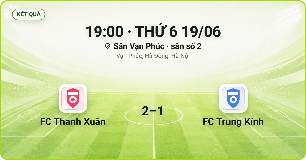 KẾT QUẢ. 19:00 · THỨ 6 19/06. Sân Vạn Phúc · sân số 2 · Vạn Phúc, Hà Đông, Hà Nội. FC Thanh Xuân 2–1 FC Trung Kính. Quân số 0/7 và 0/7.