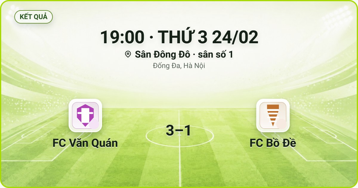 KẾT QUẢ. 19:00 · THỨ 3 24/02. Sân Đông Đô · sân số 1 · Đống Đa, Hà Nội. FC Văn Quán 3–1 FC Bồ Đề. Quân số 0/7 và 0/7.