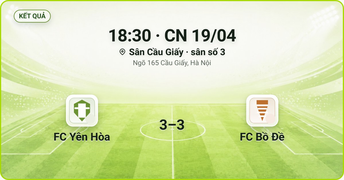 KẾT QUẢ. 18:30 · CN 19/04. Sân Cầu Giấy · sân số 3 · Ngõ 165 Cầu Giấy, Hà Nội. FC Yên Hòa 3–3 FC Bồ Đề. Quân số 0/7 và 0/7.